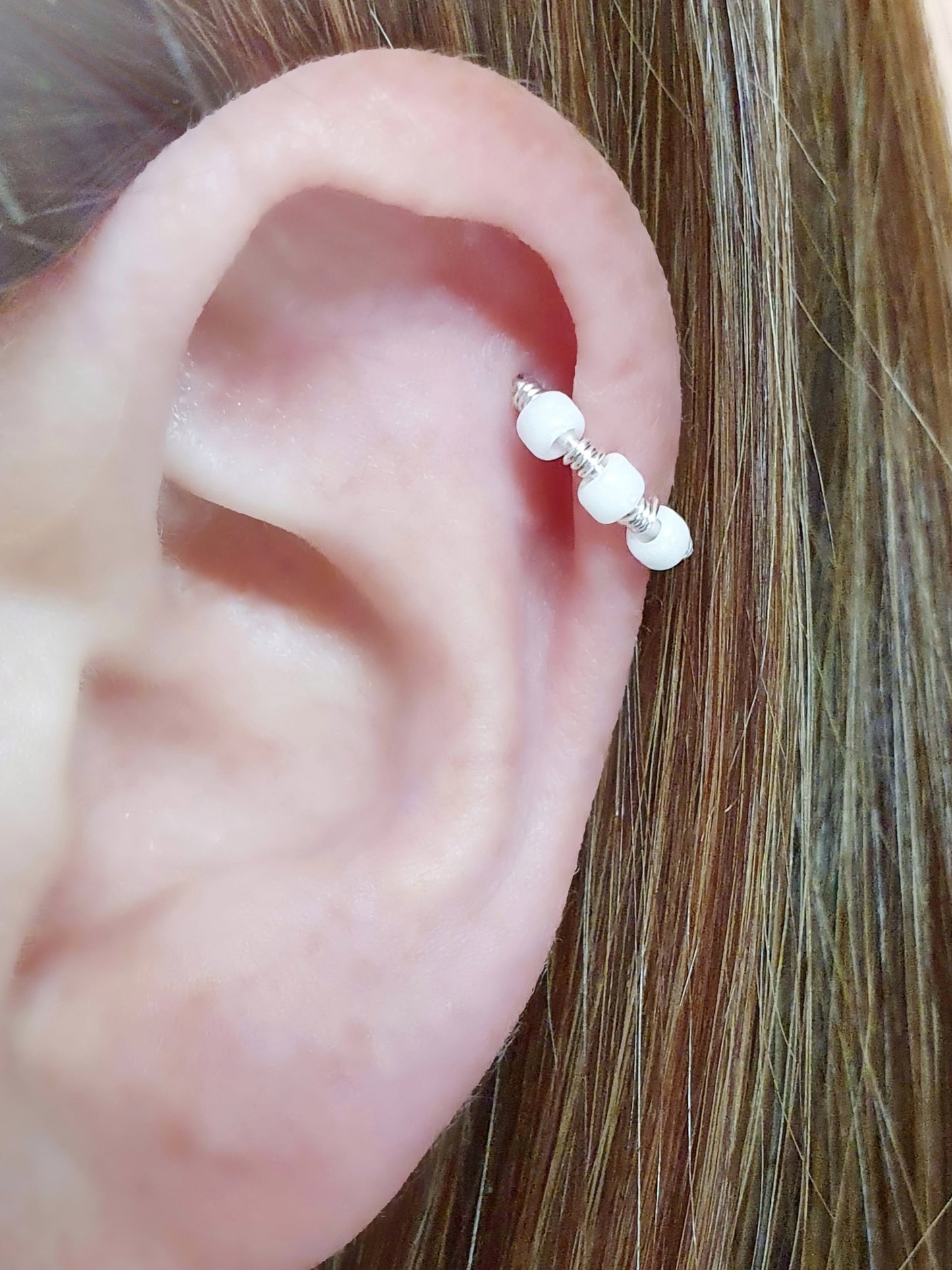 Pearl White Bead Sterling Silver 20g Helix Cartilage Seamless Hoop Earring. 8mm 10mm Inside Diameter.