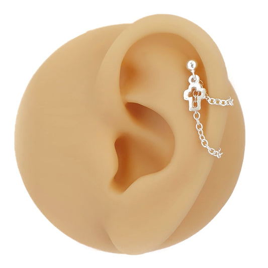 Sterling Silver Cross Helix Cartilage Chain Earring