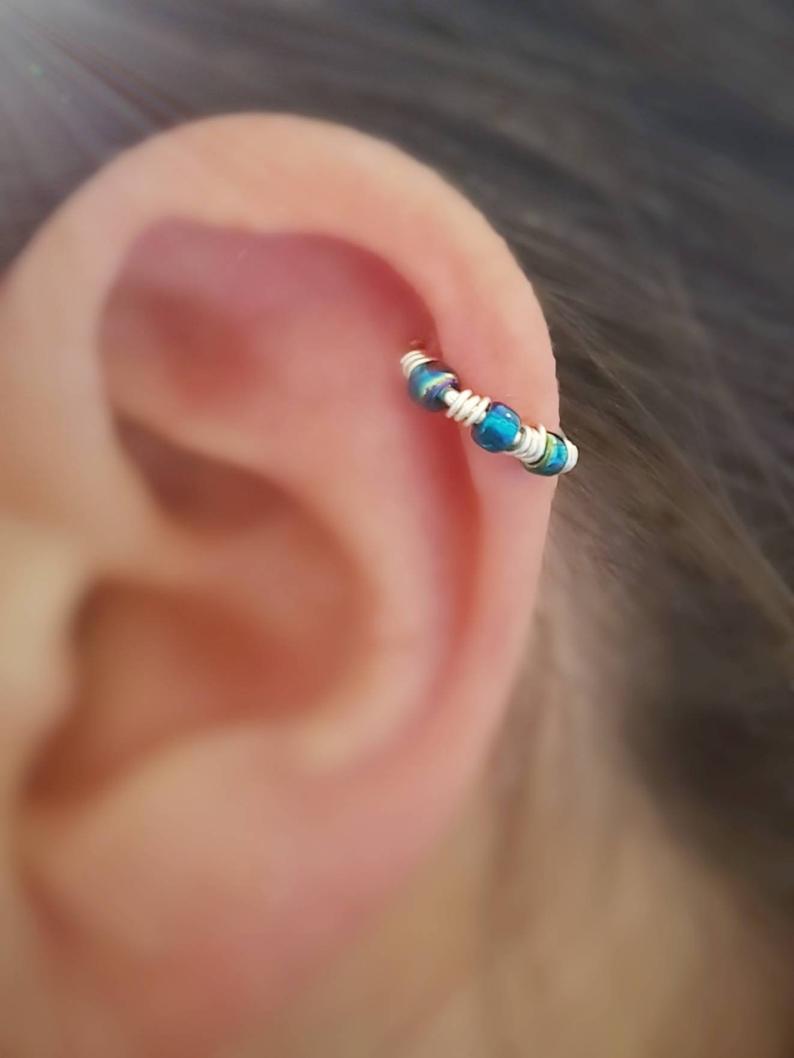 Rainbow Teal Bead Sterling Silver 18g 20g Beaded Helix Cartilage Seamless Hoop Earring.