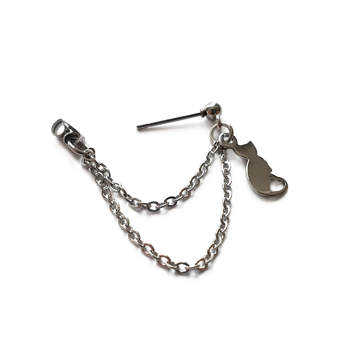 Cat Helix Cartilage Earring. Stainless Steel Double Chain Earring with Cat Charm.